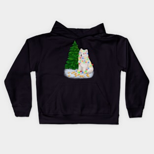 White fluffy Samoyed dog tangled in multicolored fairy lights Kids Hoodie